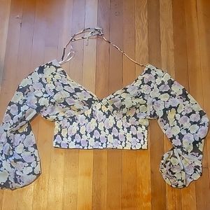 Romantic Impression Black Floral Print Smocked Long Sleeve Top Size XL